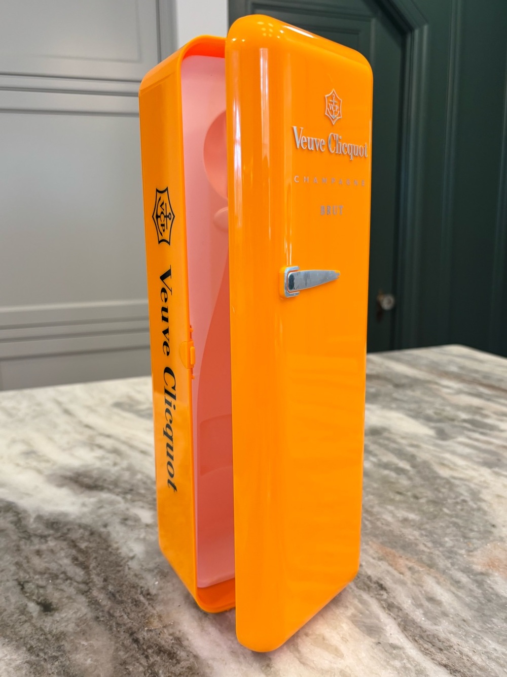 Veuve Clicquot champagne chiller gift box refrigerator shape orange